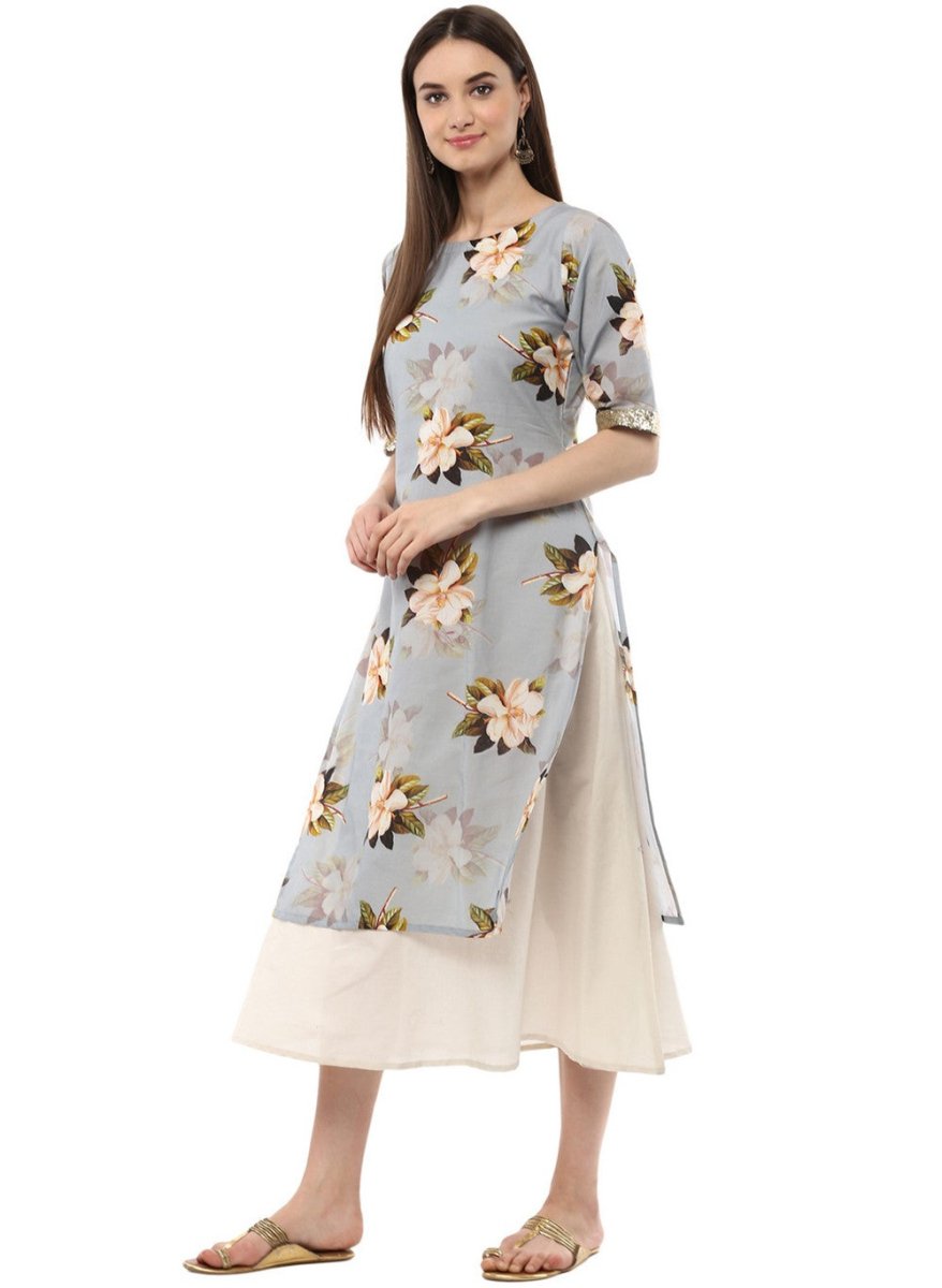 Ahalyaa Ash Blue & Cream Floral Cotton Blend Double Layered Summer Kurta Dress