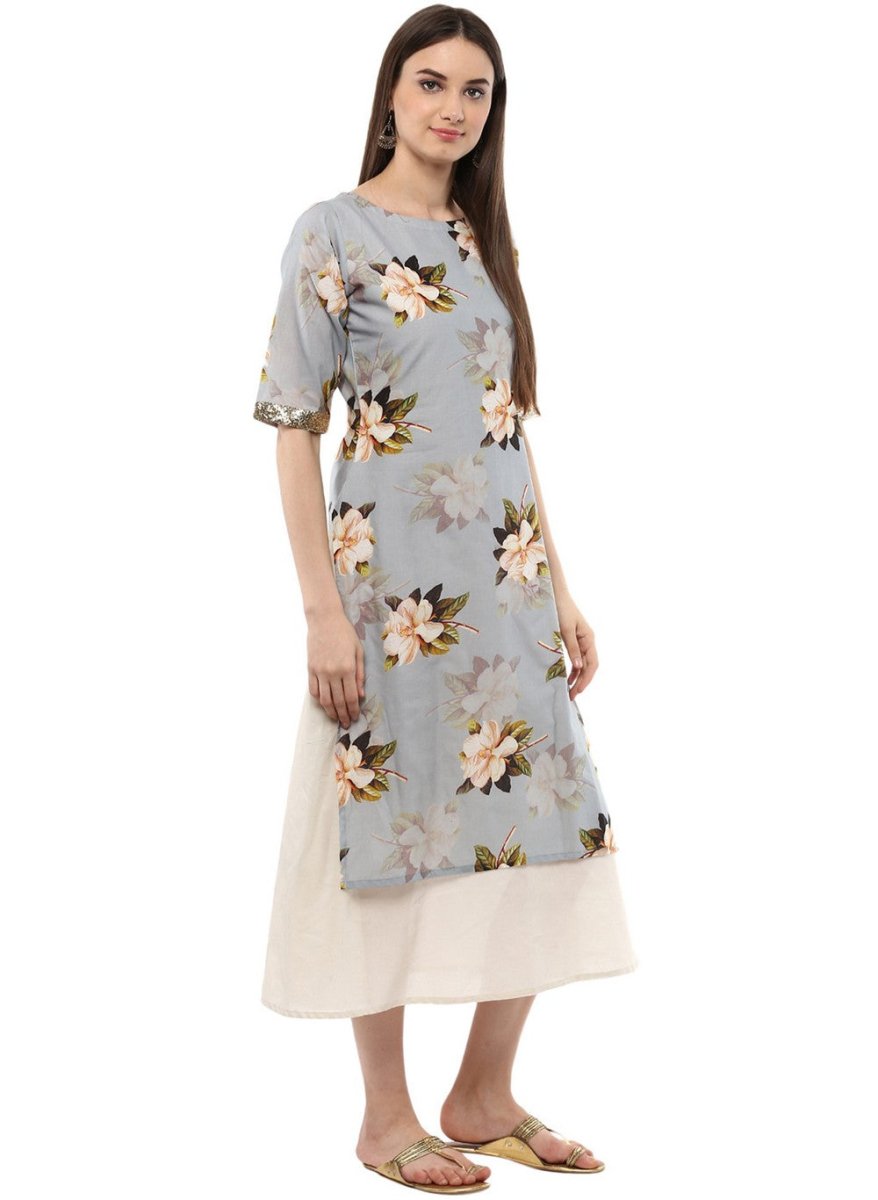 Ahalyaa Ash Blue & Cream Floral Cotton Blend Double Layered Summer Kurta Dress