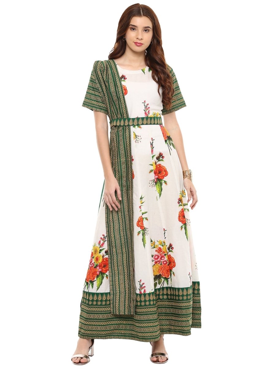 Ahalyaa Cotton Floral Attached Dupatta With Belt Flared Kurta
