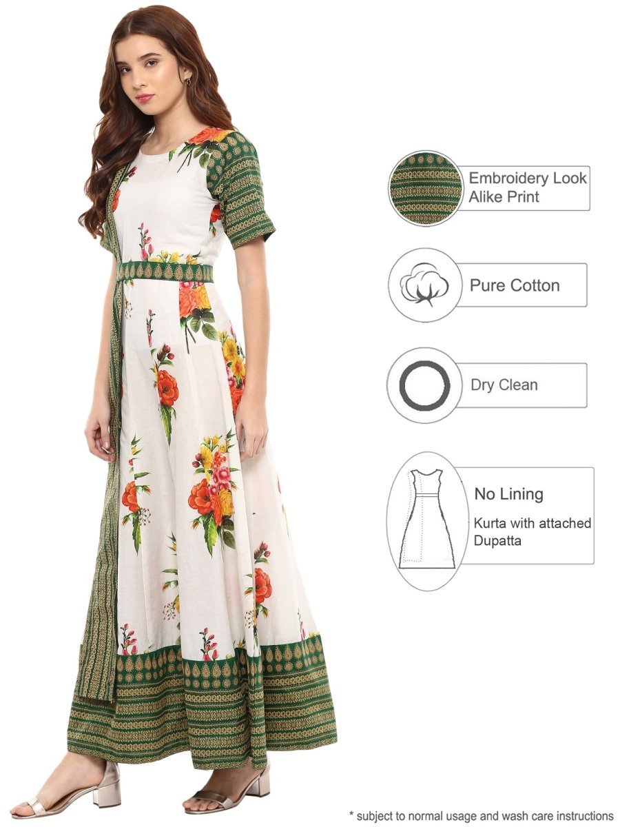 Ahalyaa Cotton Floral Attached Dupatta With Belt Flared Kurta