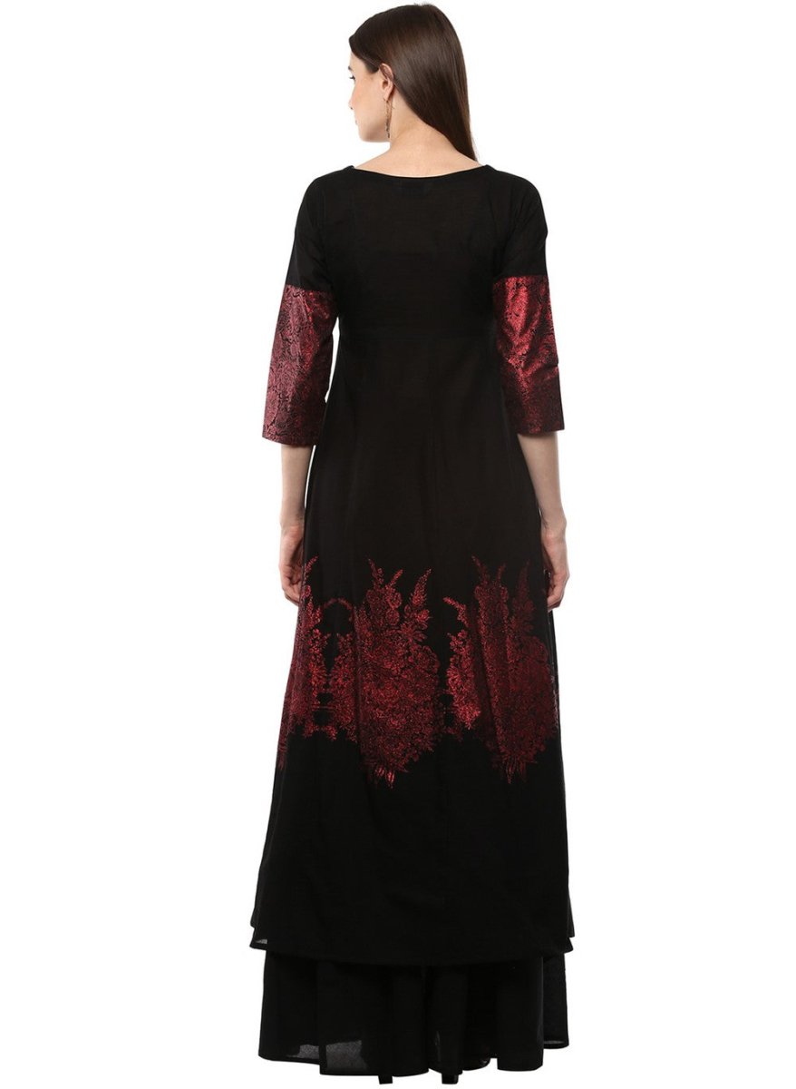 Ahalyaa Black & Red Cotton Blend Floor Length Anarkali Kurta Dress