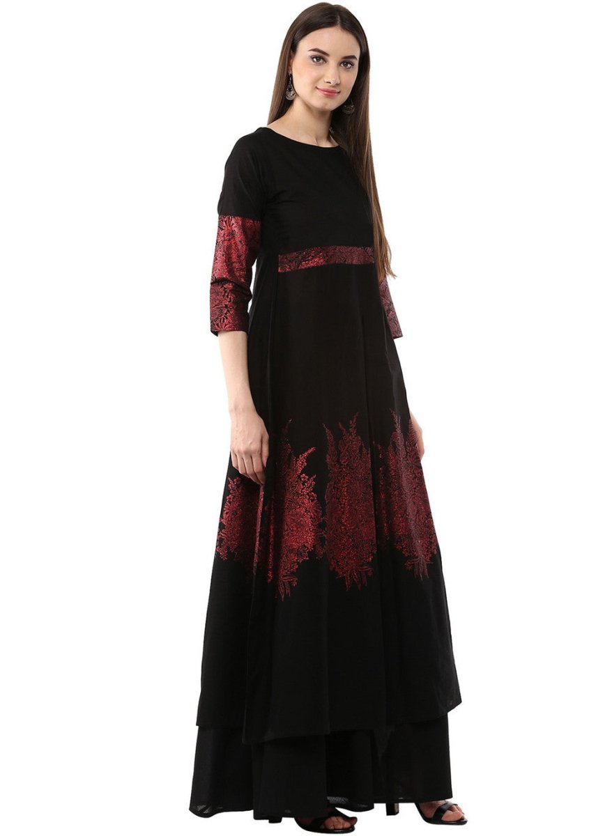 Ahalyaa Black & Red Cotton Blend Floor Length Anarkali Kurta Dress