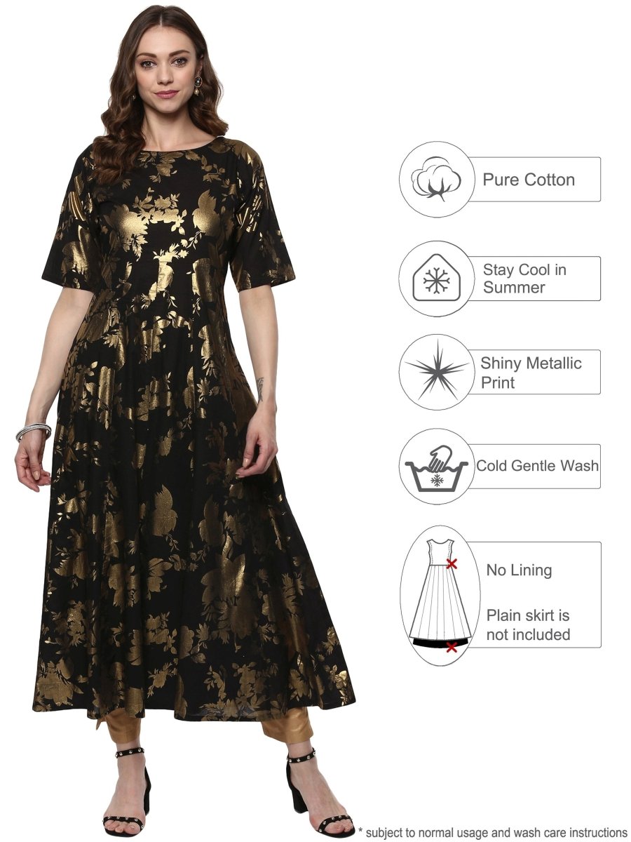 Ahalyaa Black Floor Length Cotton Blend Anarkali With Gold Print
