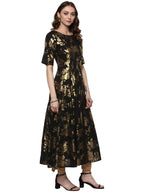 Ahalyaa Black Floor Length Cotton Blend Anarkali With Gold Print