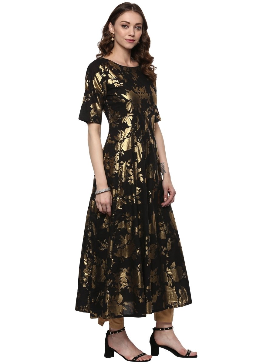 Ahalyaa Black Floor Length Cotton Blend Anarkali With Gold Print
