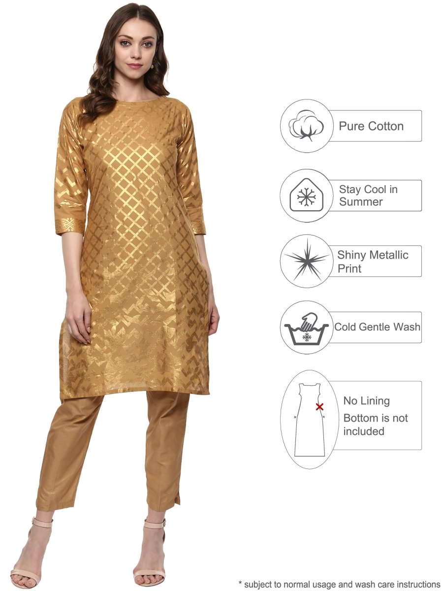 Ahalyaa Short Beige Cotton Blend Kurta With Metallic Gold Chevron Print