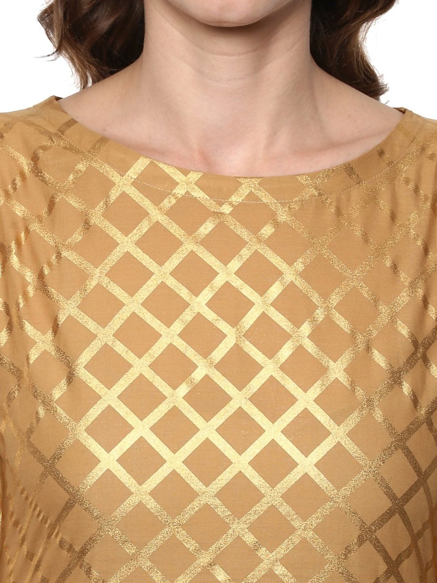 Ahalyaa Short Beige Cotton Blend Kurta With Metallic Gold Chevron Print