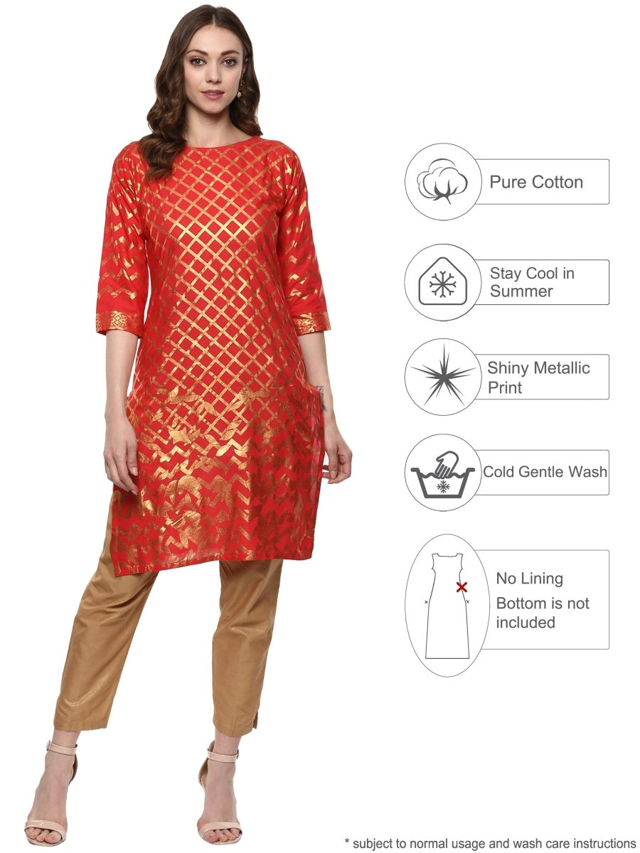 Ahalyaa Fiery Red Cotton Blend Kurta With Metallic Gold Print