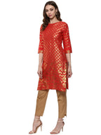 Ahalyaa Fiery Red Cotton Blend Kurta With Metallic Gold Print