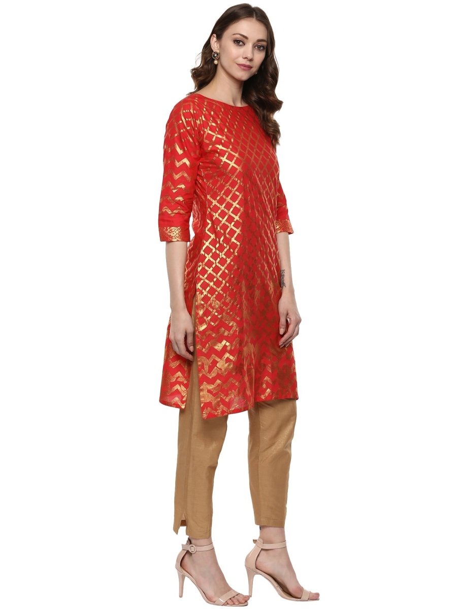 Ahalyaa Fiery Red Cotton Blend Kurta With Metallic Gold Print