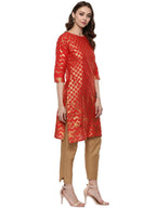 Ahalyaa Fiery Red Cotton Blend Kurta With Metallic Gold Print