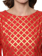 Ahalyaa Fiery Red Cotton Blend Kurta With Metallic Gold Print