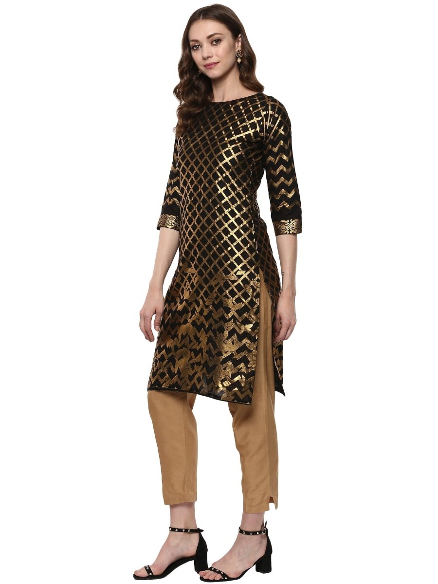 Ahalyaa Women Classic Black Cotton Blend Short Kurta with Metallic Print
