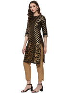 Ahalyaa Women Classic Black Cotton Blend Short Kurta with Metallic Print