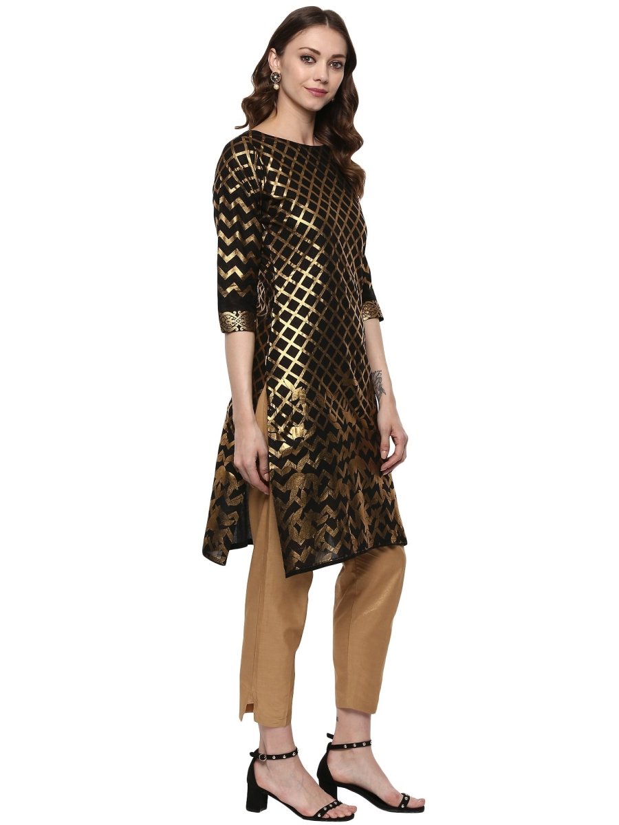 Ahalyaa Women Classic Black Cotton Blend Short Kurta with Metallic Print