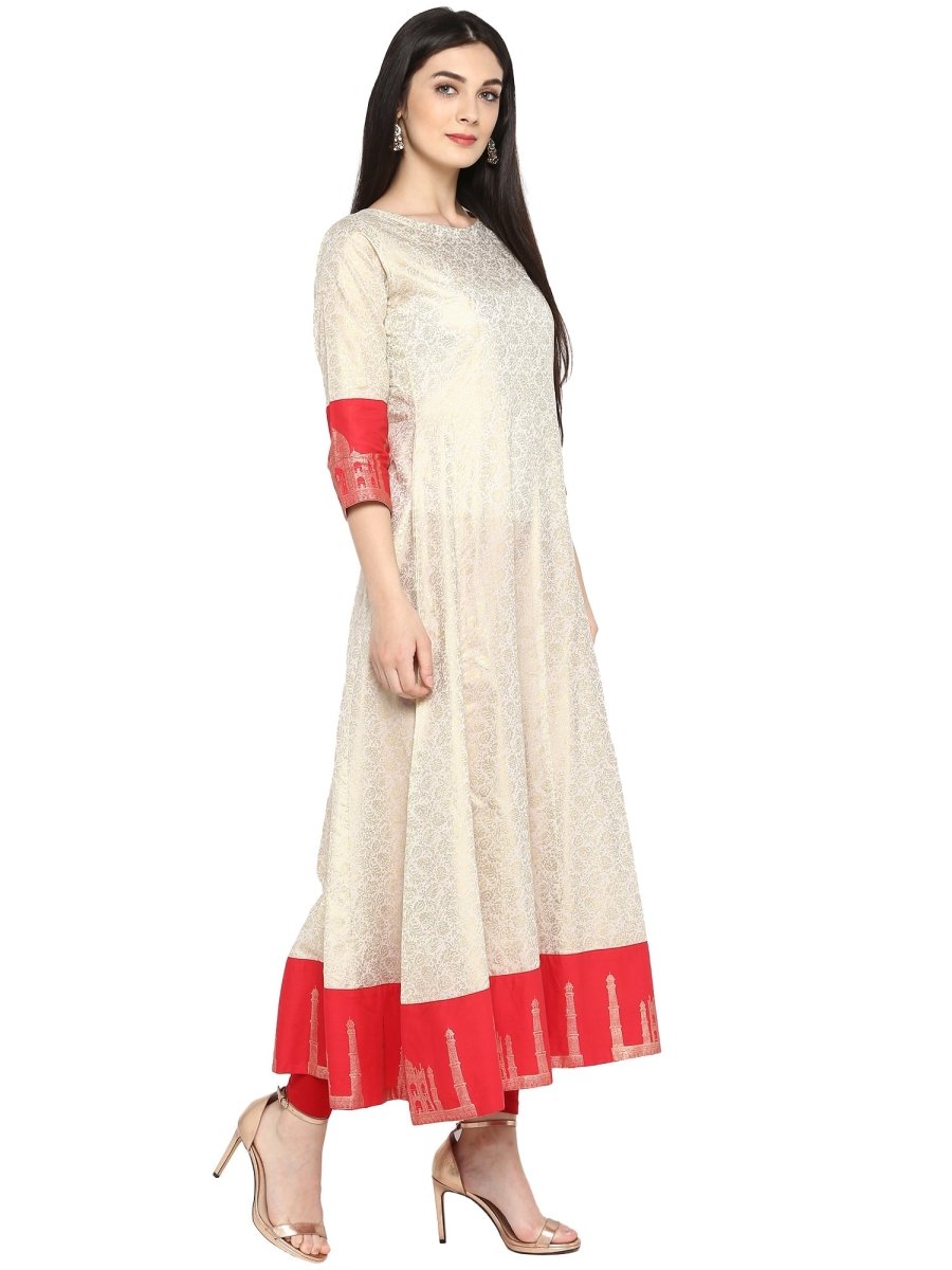 Ahalyaa Off White & Red Gold Printed Anarkali