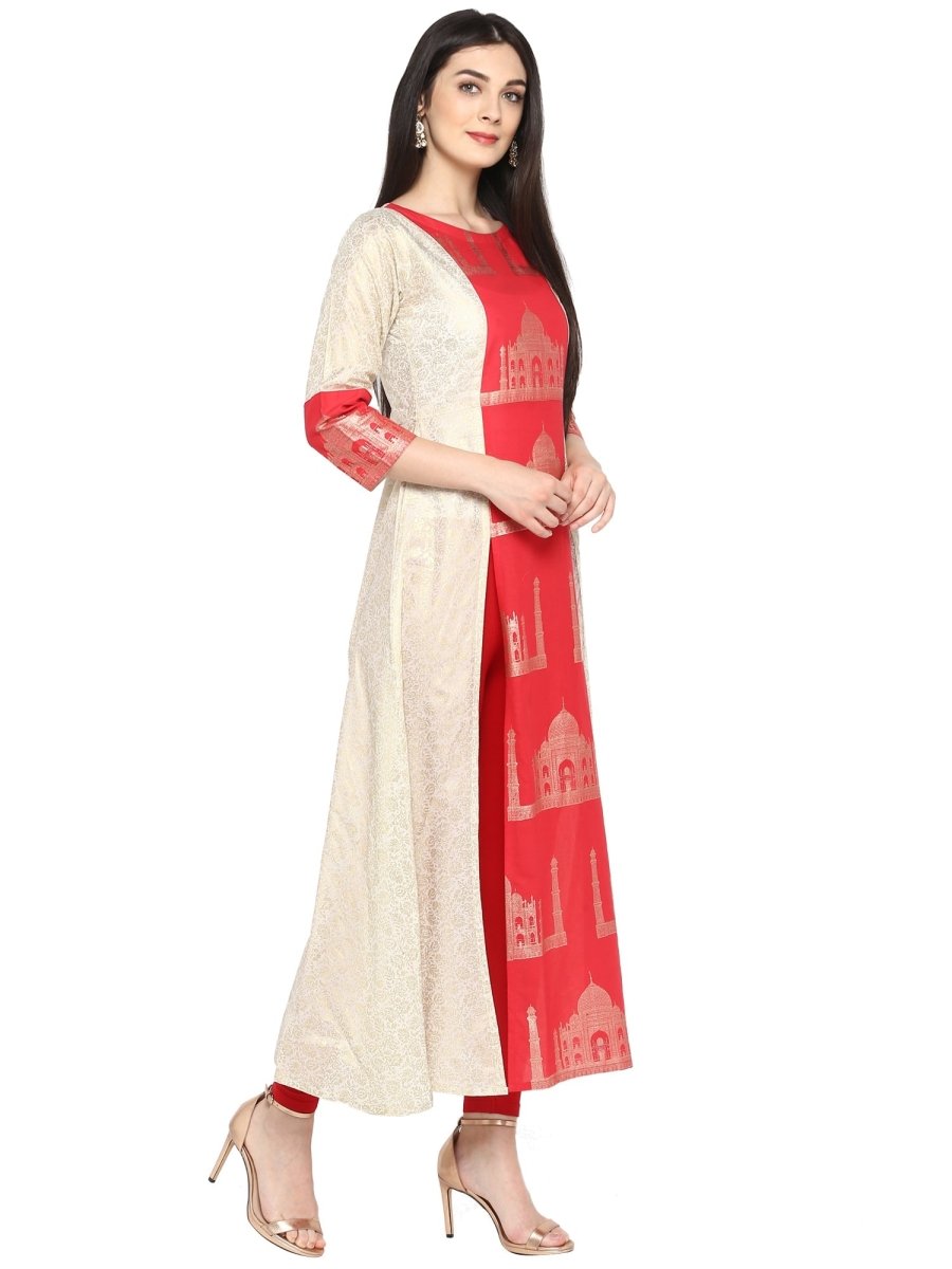 Ahalyaa Taj Mahal Print and Brocade Look Off White & Red Kurta