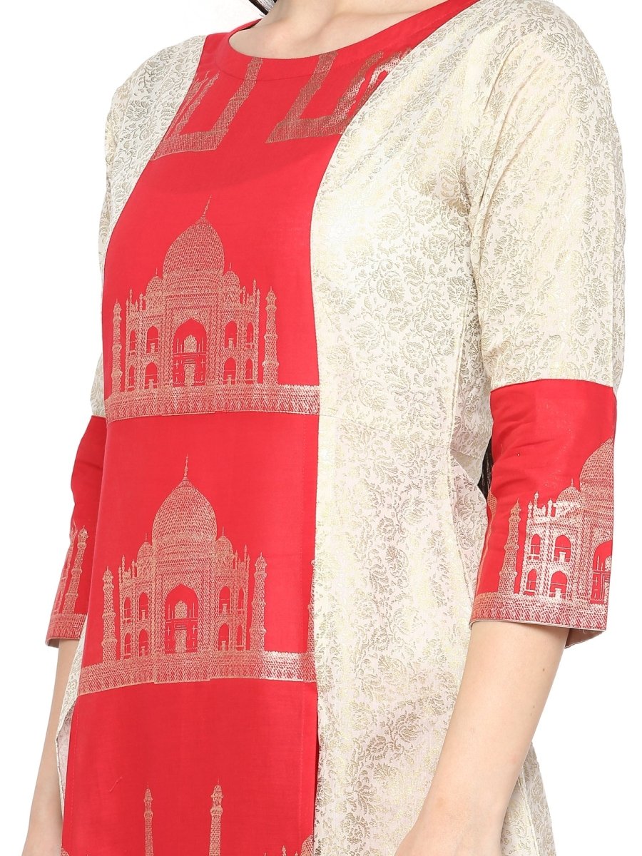 Ahalyaa Taj Mahal Print and Brocade Look Off White & Red Kurta