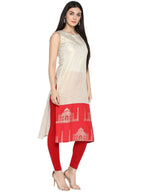 Ahalyaa Off White & Red Metallic Printed Straight Cotton Blend Kurta - Distacart