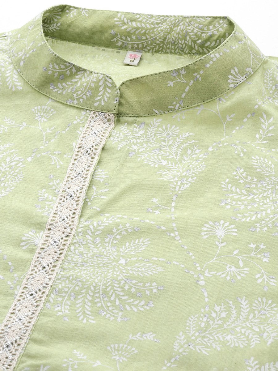 Ahalyaa Floral Printed Zari Mandarin Collar Puff Sleeves Pure Cotton Kurta