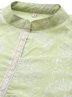 Ahalyaa Floral Printed Zari Mandarin Collar Puff Sleeves Pure Cotton Kurta