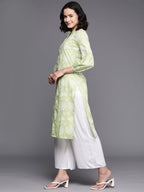 Ahalyaa Floral Printed Zari Mandarin Collar Puff Sleeves Pure Cotton Kurta