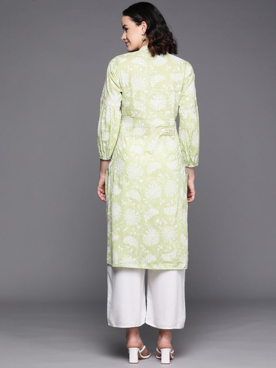 Ahalyaa Floral Printed Zari Mandarin Collar Puff Sleeves Pure Cotton Kurta