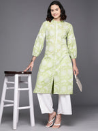 Ahalyaa Floral Printed Zari Mandarin Collar Puff Sleeves Pure Cotton Kurta