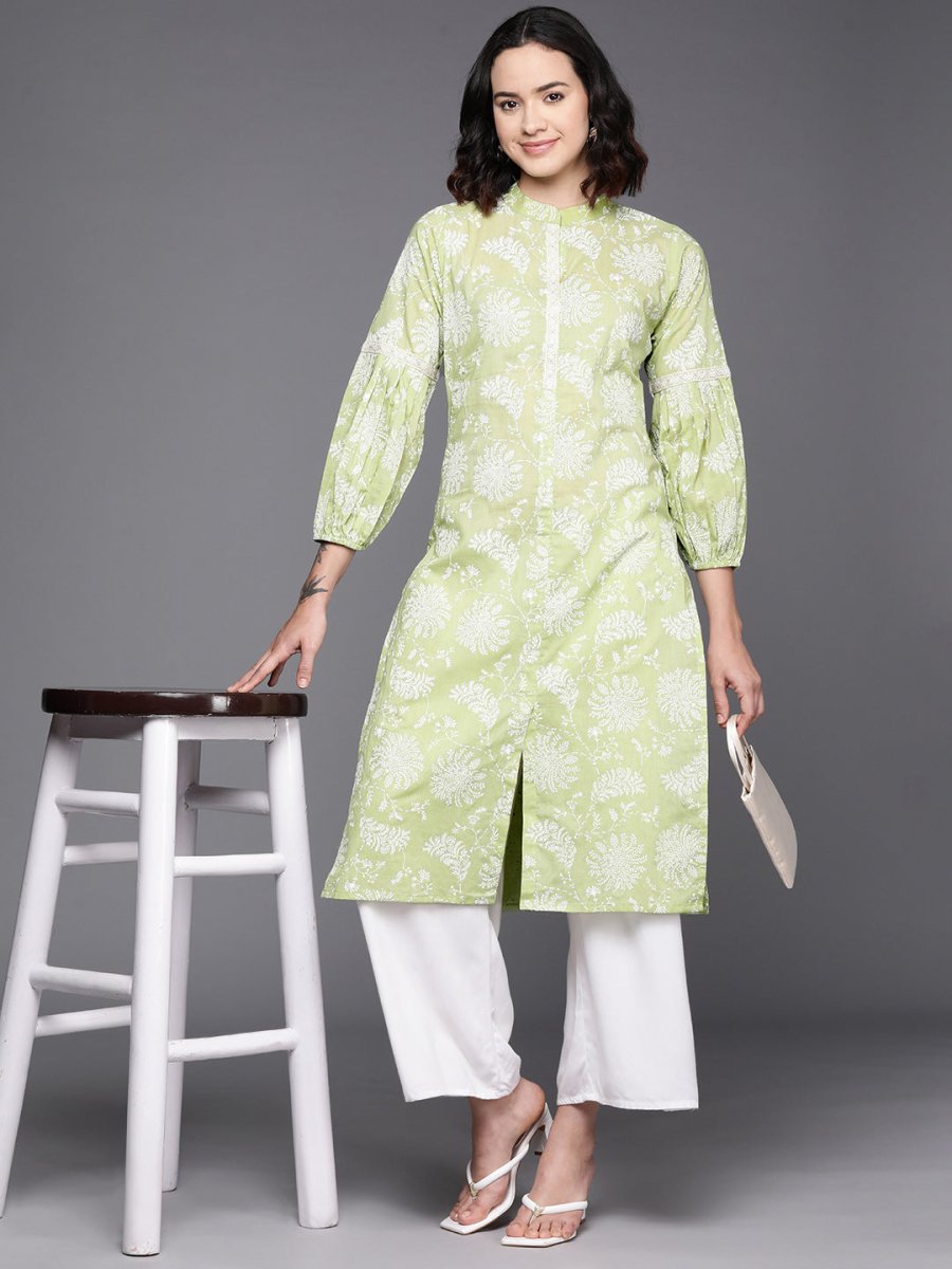 Ahalyaa Floral Printed Zari Mandarin Collar Puff Sleeves Pure Cotton Kurta