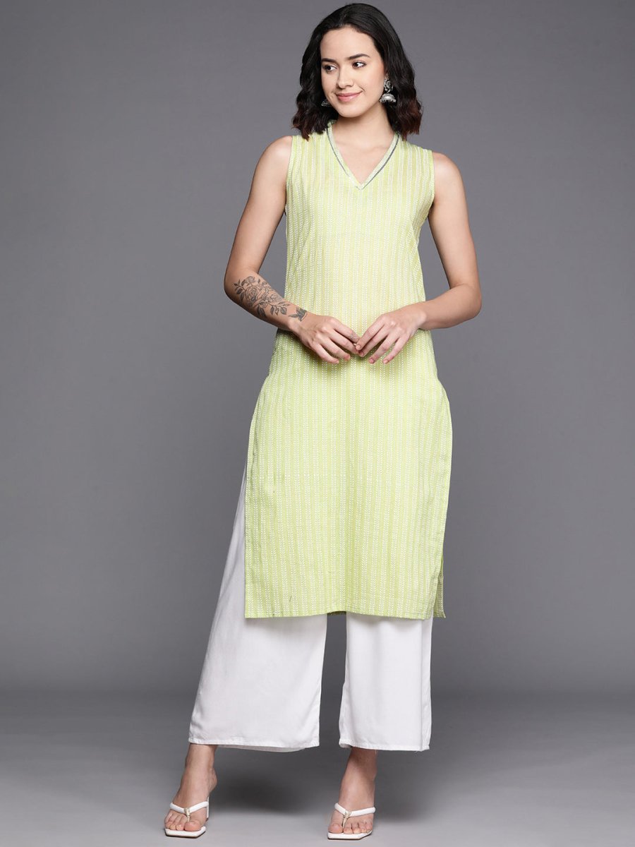Ahalyaa Women Striped Gotta Patti Pastel Pure Cotton Kurta