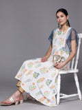 Ahalyaa Women White & Blue Printed A-Line Kurta