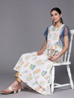 Ahalyaa Women White & Blue Printed A-Line Kurta