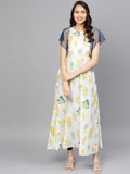 Ahalyaa Women White & Yellow Printed A-Line Kurta