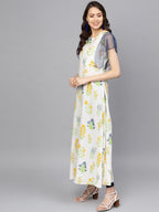 Ahalyaa Women White & Yellow Printed A-Line Kurta