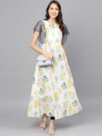 Ahalyaa Women White & Yellow Printed A-Line Kurta