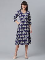 Ahalyaa Women Navy Blue & Off White Pure Cotton Printed Angrakha Beautiful Kurta