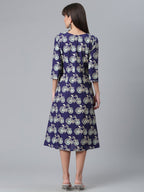 Ahalyaa Women Navy Blue & Off White Pure Cotton Printed Angrakha Beautiful Kurta