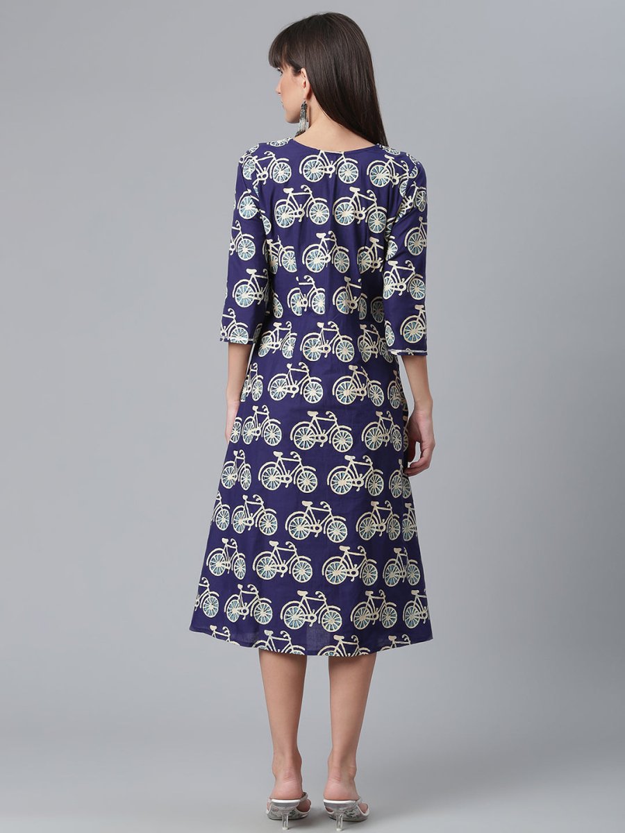 Ahalyaa Women Navy Blue & Off White Pure Cotton Printed Angrakha Beautiful Kurta