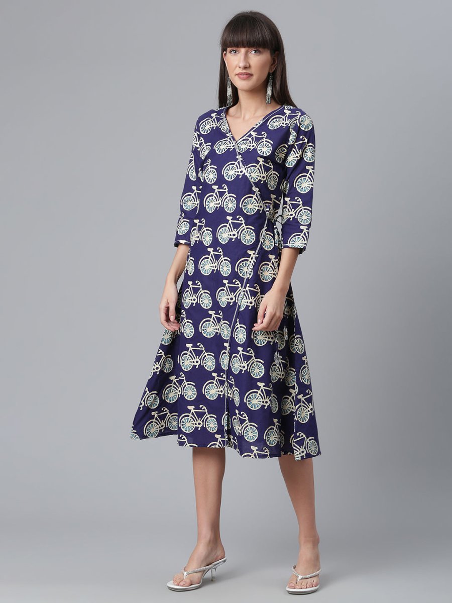 Ahalyaa Women Navy Blue & Off White Pure Cotton Printed Angrakha Beautiful Kurta