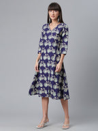 Ahalyaa Women Navy Blue & Off White Pure Cotton Printed Angrakha Beautiful Kurta