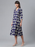 Ahalyaa Women Navy Blue & Off White Pure Cotton Printed Angrakha Beautiful Kurta