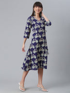 Ahalyaa Women Navy Blue & Off White Pure Cotton Printed Angrakha Beautiful Kurta