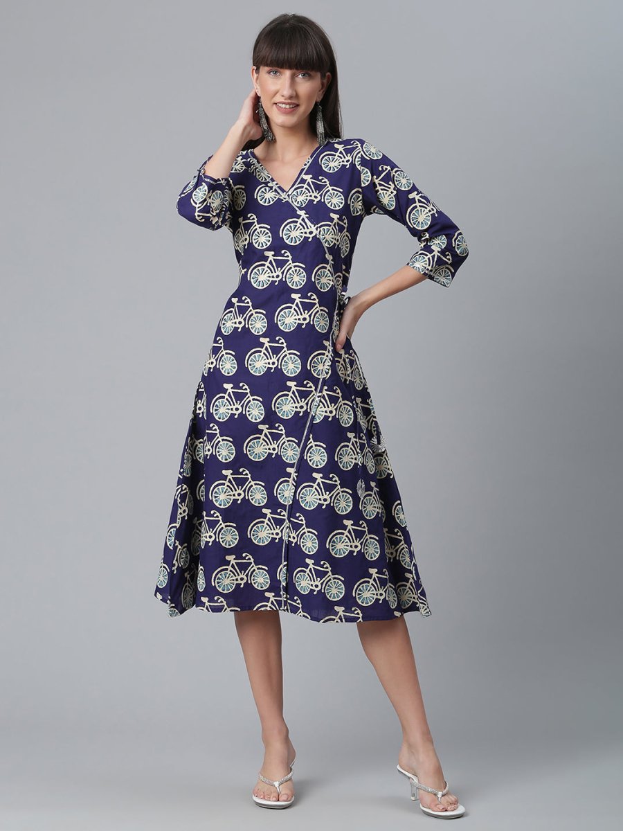 Ahalyaa Women Navy Blue & Off White Pure Cotton Printed Angrakha Beautiful Kurta