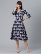 Ahalyaa Women Navy Blue & Off White Pure Cotton Printed Angrakha Beautiful Kurta