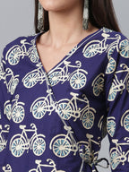 Ahalyaa Women Navy Blue & Off White Pure Cotton Printed Angrakha Beautiful Kurta