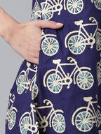 Ahalyaa Women Navy Blue & Off White Pure Cotton Printed Angrakha Beautiful Kurta