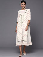 Ahalyaa Off White & Pink Floral Print A-Line Midi Dress - Distacart