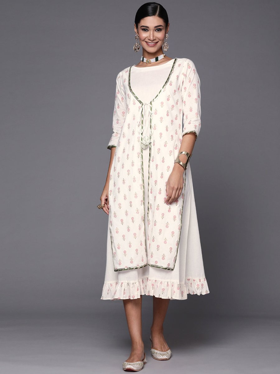 Ahalyaa Off White & Pink Floral Print A-Line Midi Dress - Distacart