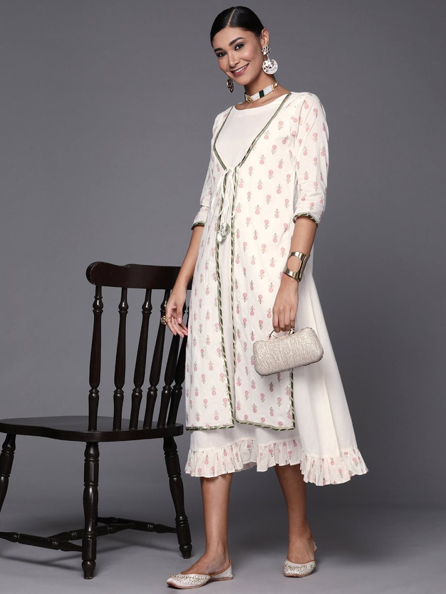 Ahalyaa Off White & Pink Floral Print A-Line Midi Dress - Distacart