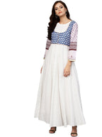 Ahalyaa White And Blue Printed Flare Cotton Jacket Kurta For Women